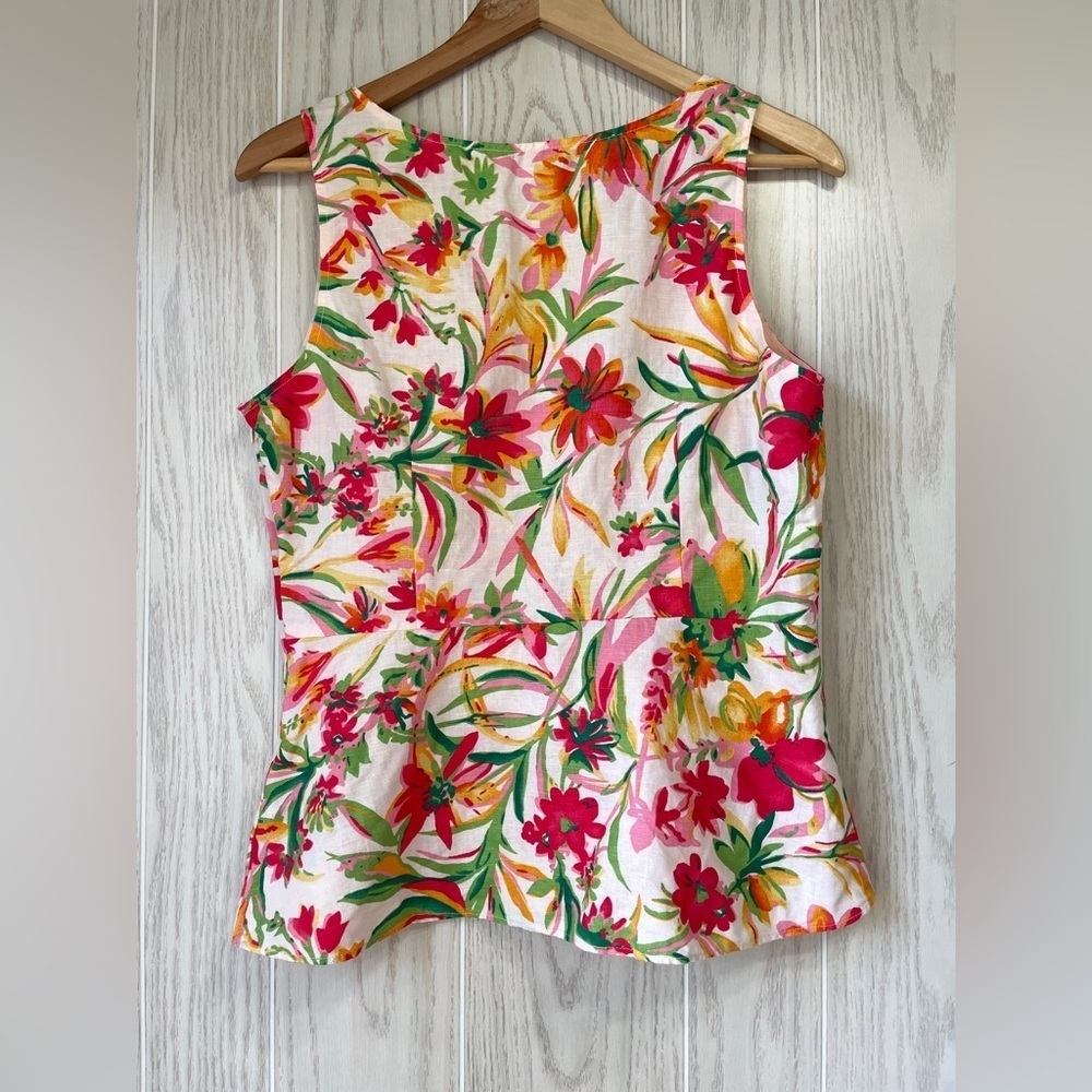 J Crew Printed Linen Cotton Peplum Tank Top Blouse Size 8 Pink Green Floral EUC - Picture 4 of 4